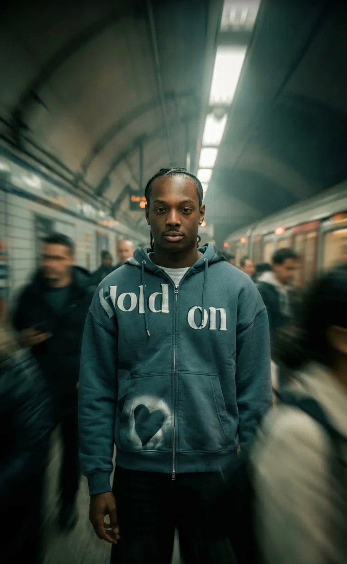 Hold On Clothing blue zip hoodie on subway platform with motion blur crowd