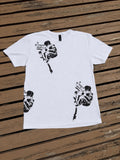 Front of white Hold On graphic t-shirt with black distressed artwork